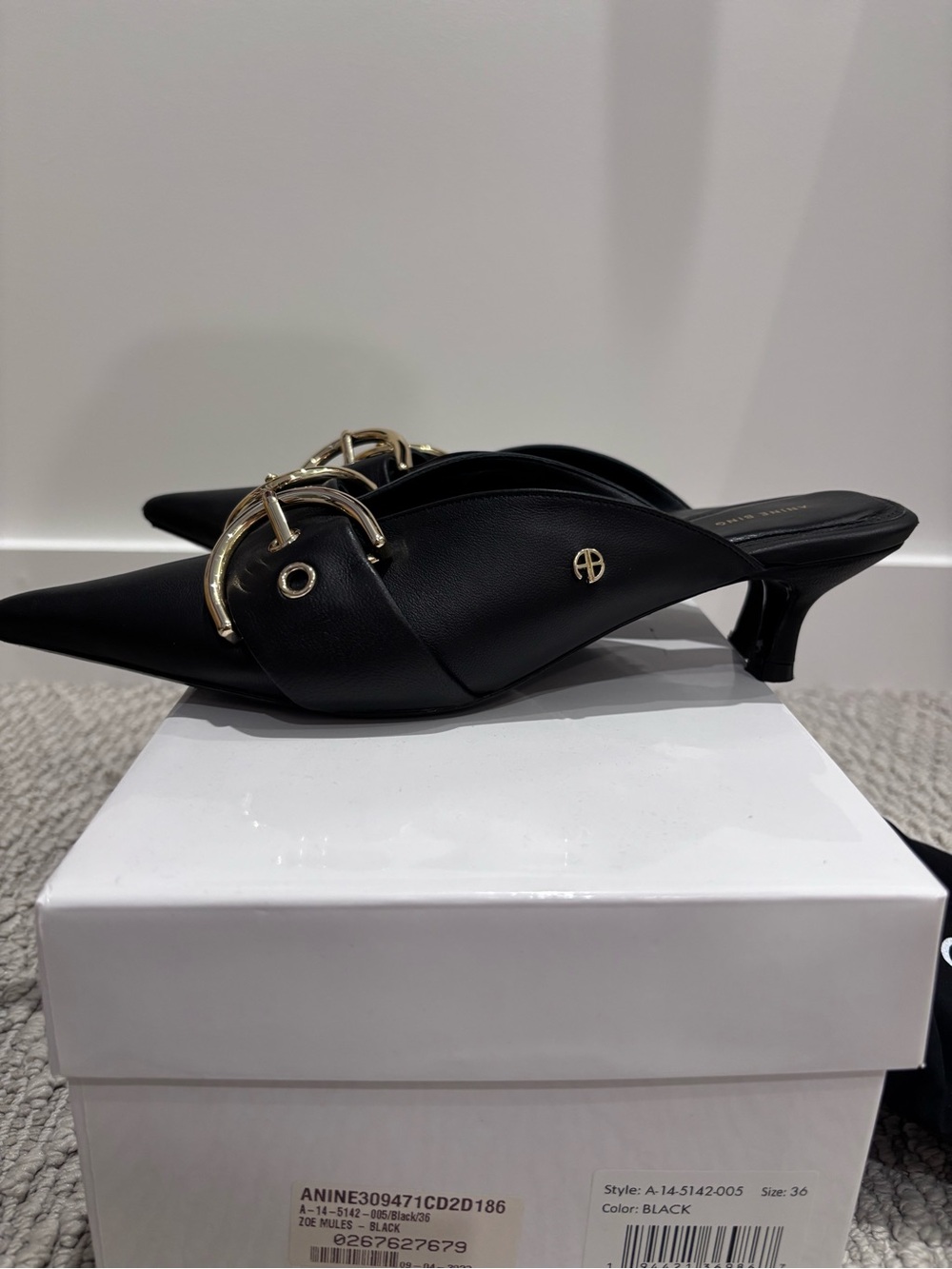 Anine Bing Zoe Black Leather Pointed Mule with Gold Buckle 36/36.5 - Picture 3 of 7